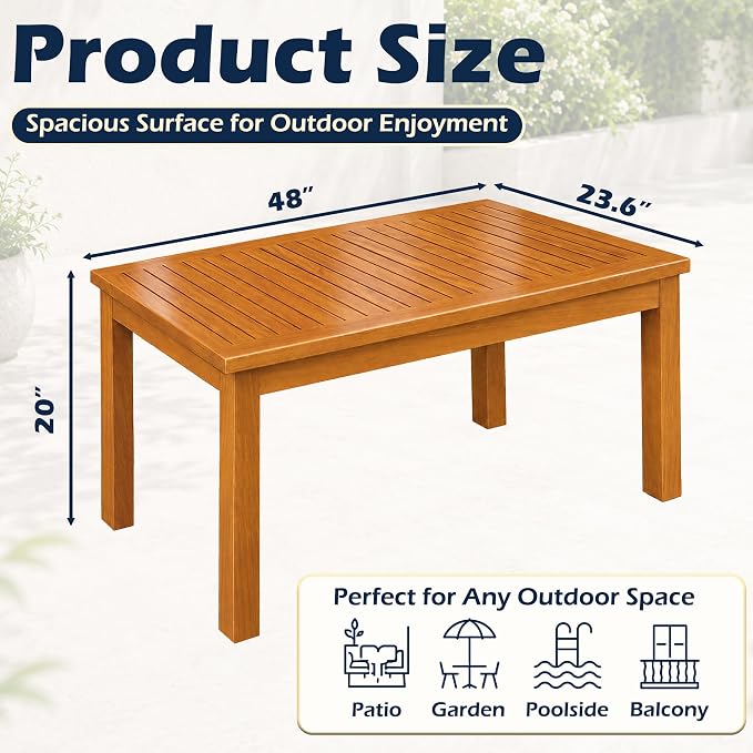 Outdoor Teak Coffee Table, 48" Wooden Patio Coffee Table with Protective Cover, Solid Teak Outdoor Coffee Table for Patio, Garden, Poolside, Balcony and Backyard