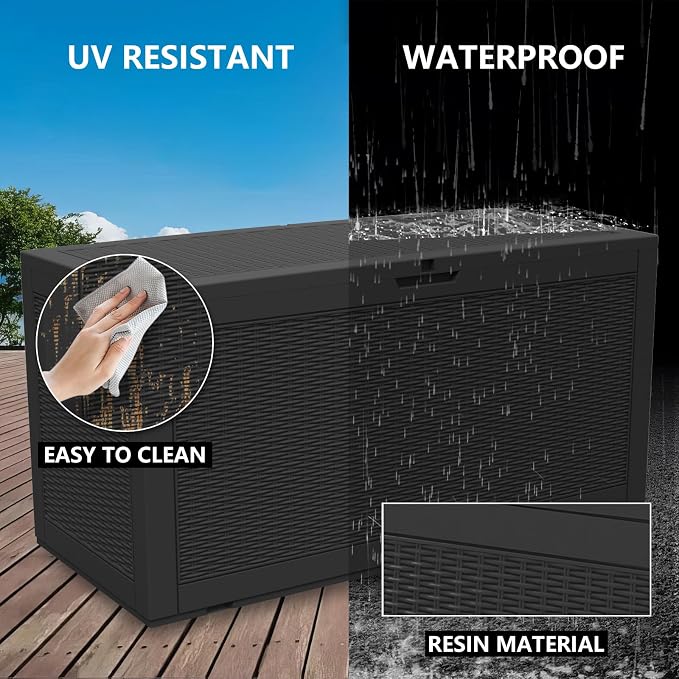 DIKEP 100 Gallon Polypropylene(PP) Deck Box Lockable Outdoor Storage Box for Patio Furniture Cushions, Garden Tools, Pool Supplies | Built-in Handles Waterproof Storage Container, Black