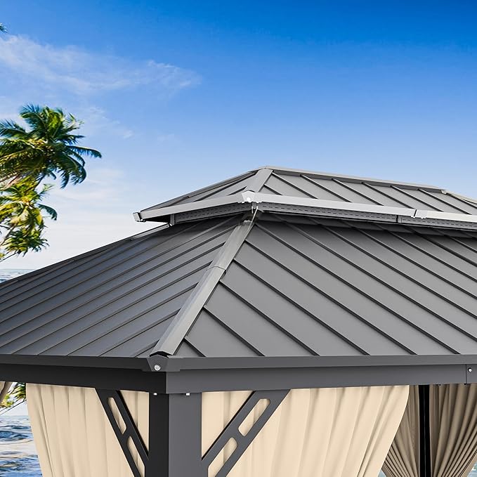 12' x 14' Hardtop Gazebo,Outdoor Permanent Pavilion Double Galvanized Steel Roof Pergola with Nettings and Curtains,Patio Sunshade Gazebos for Patio Lawns Backyard Deck,Brown