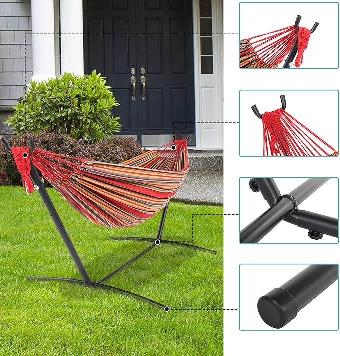 Cotton Hammock with Space Saving Steel Stand,9ft Black Steel Pipe Hammock Frame with 200 * 150cm Polyester Cotton Hammock Iron Hammock Set (Red Stripe B)