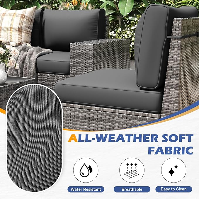 6 Pieces Patio Furniture Set with Table Gray Rattan Outdoor Sectional Sofa Conversation Sets for Balcony Lawn and Garden (Gray, 6 pcs w/Table)
