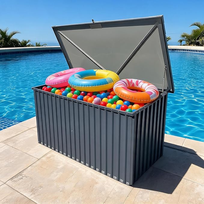Garvee Outdoor Storage Box, 320 Gallon Waterproof Metal Storage Box, Outdoor Deck Boxes, UV Resistant Patio Storage Box with Lockable Lid for Patio Furniture Cushions, Pillows, Garden Tools, Blank