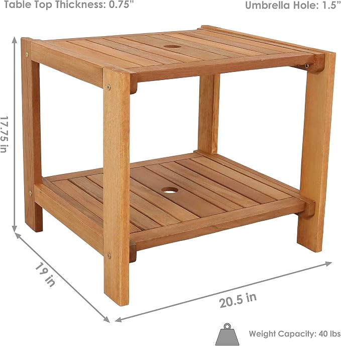 Sunnydaze 20-Inch Outdoor Side Table for Patio or Porch – Wooden Adirondack End Table with Umbrella Hole – Ideal for Holding Drinks & Balcony Essentials - Meranti Wood with Teak Oil Finish