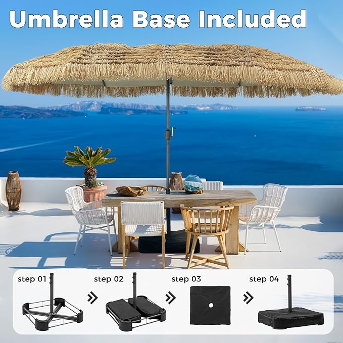 15 ft Patio Tiki Umbrella, Large Rectangle Outdoor Straw Umbrella with Matching Base for Market, Beach, Garden, Yard