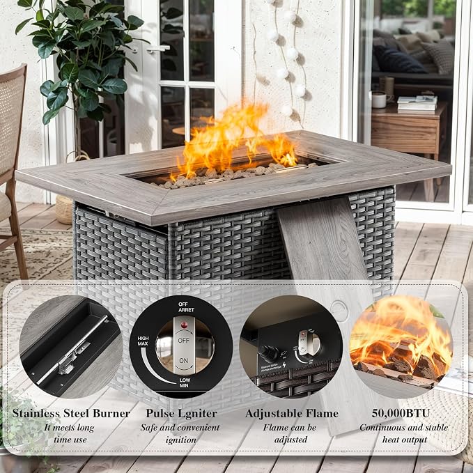 Luxury High Back Outdoor Furniture 6-Inch Thick Cushions with 50,000 BTU Gas Propane Fire Pit Tablet, Patio Furniture Set with Swivel Chairs, 6 PCS for Porch, Balcony, Deck and Yard
