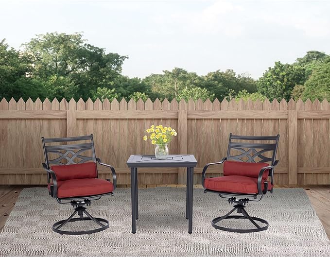 Hanover Montclair 3-Piece Patio Conversation Set, 2 Swivel Rocker Chairs with Comfortable Seat and Lumbar Cushions, 27" Square Stamped Rectangle Table, All-Weather Outdoor Bistro Set