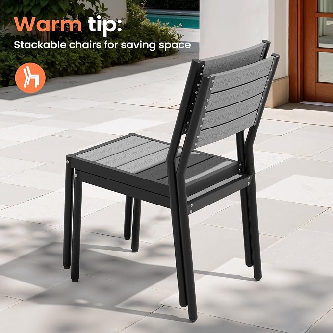 Pellebant Outdoor Dining Set for 8, 9 Pieces Aluminum Patio Table and Stackable Armless Chairs with Umbrella Hole & Wood-Like Top, Grey