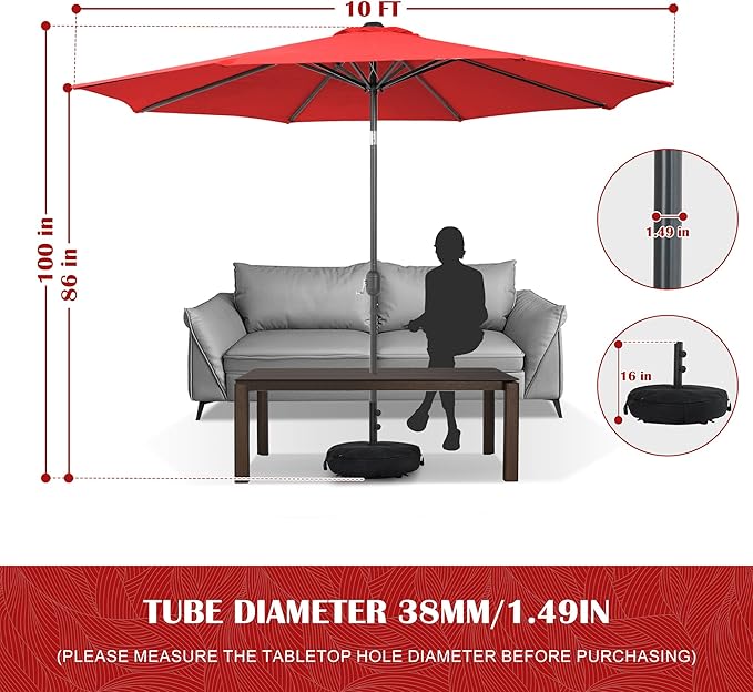Sundale Outdoor 10 ft Patio Umbrella with Sand Bag Umbrella Base Included, Outdoor Umbrella with Tilt and Crank, Red