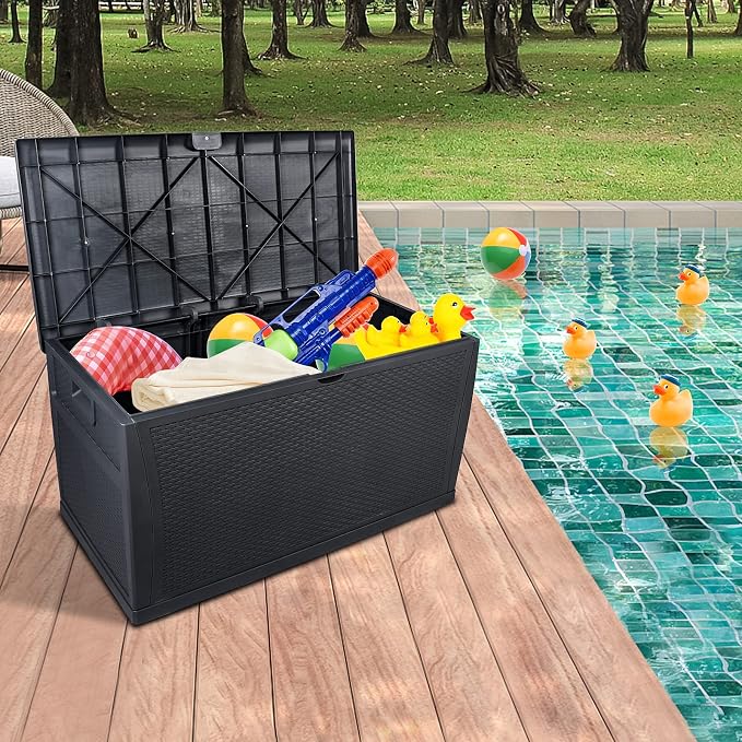 Henf 120 Gallon Outdoor Garden Plastic Storage Deck Box, Weatherproof Resin Container Storage Box Chest Table for Backyard Patio, Rattan-Look Design