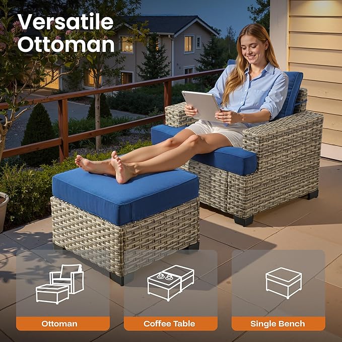 ovios 8 Piece Patio Sectional Furniture with Swivel Rocking Chairs, Rattan Wicker Coversation Couch Set, Outdoor Sofa Set for Outside Porch Balcony Backyard Pool, Navy Blue