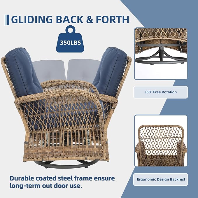 5-Piece Wicker Patio Furniture Sets Outdoor All-Weather Rattan Conversation Set Includes Glider Loveseat, 2 Glass-Top Coffee Tables, 2 Swivel Rocking Chairs for Porch Backyard, Navy Blue
