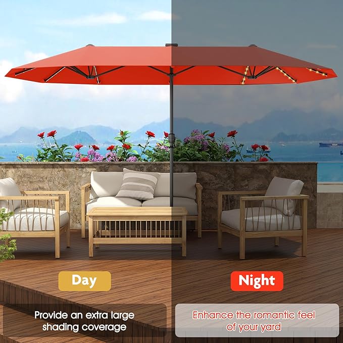 Tangkula 13 FT Solar LED Patio Umbrella, Double-Sided Outdoor Table Market Umbrella with 108 LED Lights, 12 Heavy-Duty Ribs, Crank Handle for Garden Deck Lawn Poolside Beach (Orange)