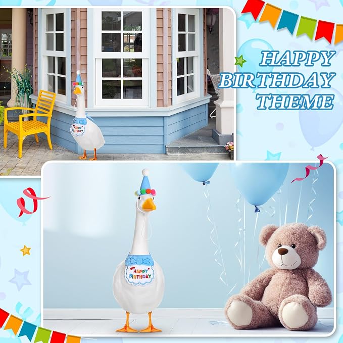 Abbylike Happy Birthday Goose Outfit Lawn Porch Goose Outfits with Party Hat Bandana for 23" 17" Cement Plastic Duck Decor(Blue)