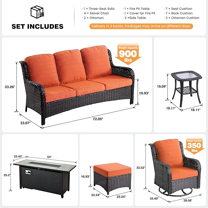 ovios 10-Piece Patio Furniture Set with Swivel Chairs Coffee Table, Outdoor Wicker Sofa with 54" Fire Pit Table, High Back Couch Modern Conversation Sets, Brown/Orange Red
