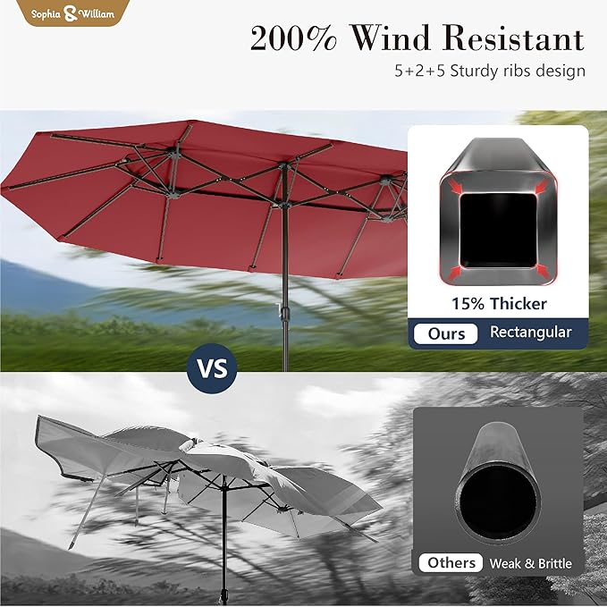 Sophia & William 15ft Extra Large Patio Umbrella with Base Included, 2-Tier Double-Sided Rectangle Outdoor Umbrella with Stand, Market Umbrella for Pool Garden Backyard, Red