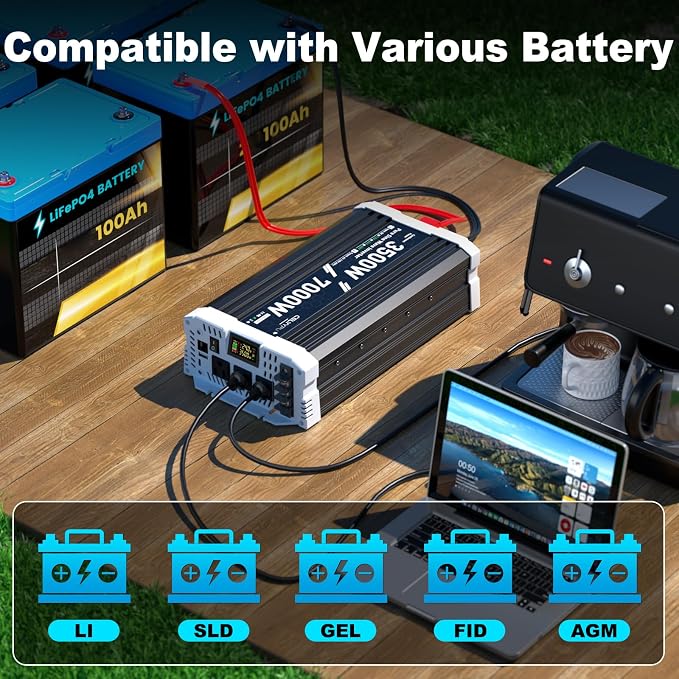 3500 watt Pure sine Wave Inverter, 24V DC to 110V AC Power Inverter, Used for Solar Emergency Power Supply in RV Homes, with 3 AC Output sockets, USB Port, Type-C Port, Remote Control with LCD Screen