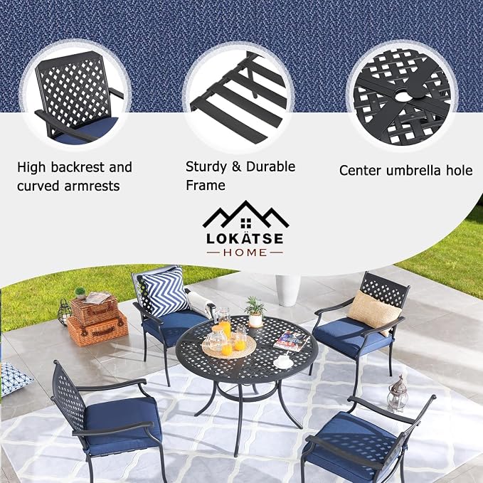 LOKATSE HOME 5 Piece Outdoor Patio Metal Dining Set with 4 Outdoor Iron Arm Dining Chairs with Seat Cushions and 1 Outdoor Dining Table with Umbrella Hole-Blue