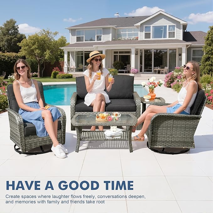 5 Pieces Wicker Patio Furniture Set, High Back Swivel Rocker Chairs Outdoor Loveseat Sofa and Rattan Coffee Table, Outdoor Conversation Sets for Porch Deck Backyard Poolside, Black