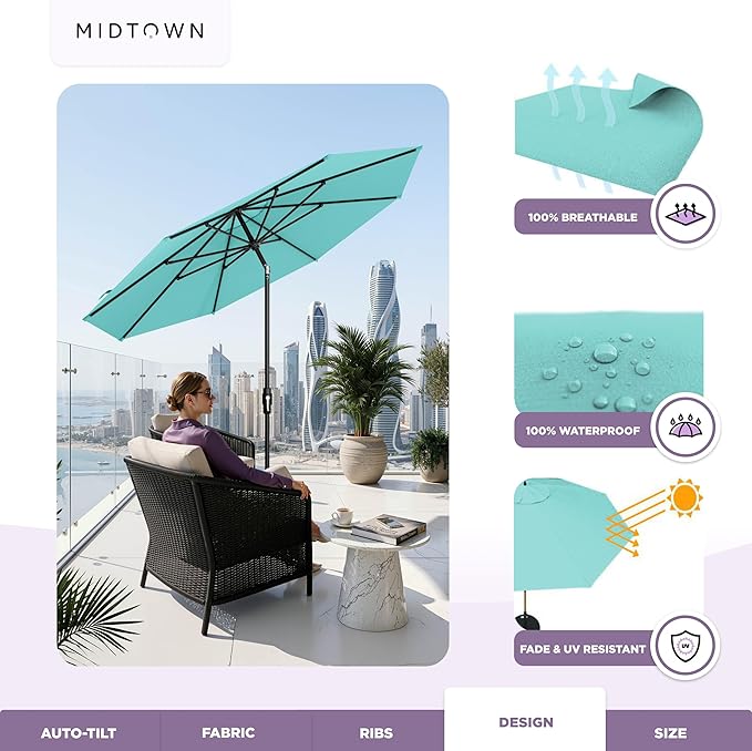 Midtown Umbrellas – The Swilt 8 Ft Patio Umbrella with 360° Swivel & Tilt Mechanism, Sunbrella Fabric & 8 Fiberglass Ribs – Outdoor Umbrella for Deck, Pool & Cafes – Aruba Canopy, Black Pole