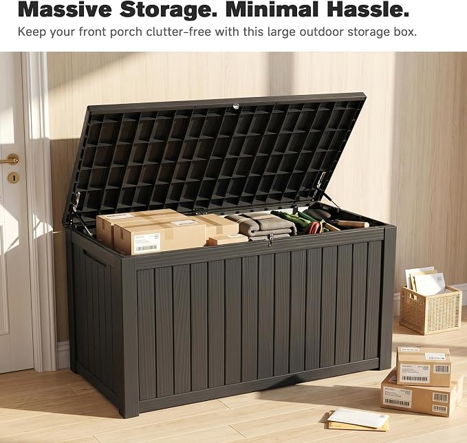 180 Gallon Large Outdoor Storage XXL Deck Box for Patio Furniture, Outdoor Cushions, Garden Tools and Sports/Pools Equipment, Waterproof Resin, Lockable, Black (180, Gallons)