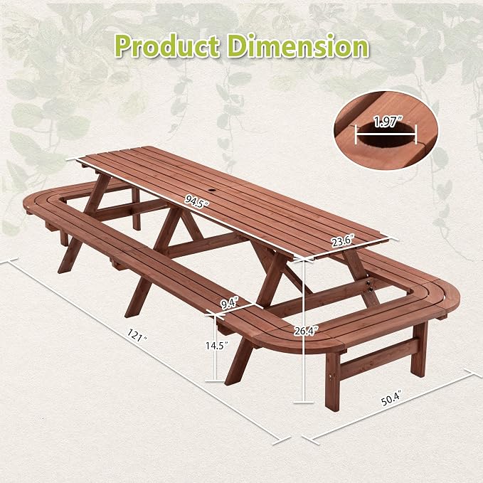 ZeHuoGe Picnic Table with Benches for 14-16 Persons, Nearly 8-Foot Long Outdoor Wooden Rectangle Table for Patio, Garden, Backyard, Large Outside Dining Set with Umbrella Hole