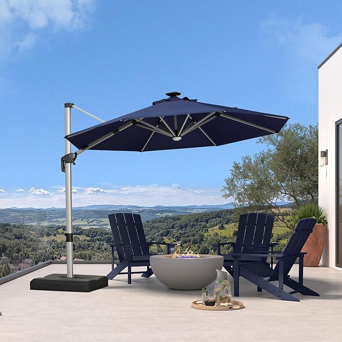 PURPLE LEAF Cantilever Umbrella with base 10ft Outdoor Round Patio Solar Powered LED Umbrella with 360-degree Rotation for Garden Deck Pool Patio, Navy Blue