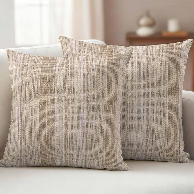 Abstract Beige Outdoor Pillow Covers Set of 2 Rustic Farmhouse Minimalist Beige Vertical Striped Lines Waterproof Throw Pillow Cover Decorative Cushion Cases for Patio Porch Garden 26X26 Inch