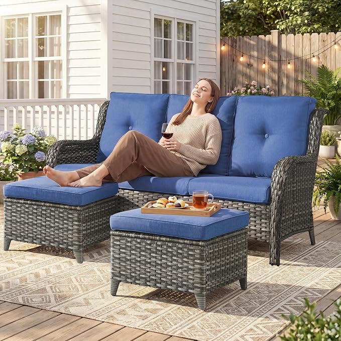 Belord 3-Piece PE Wicker Outdoor Sofa with 2 Ottomans, Luxury Patio Couch Convertible to Chaise Lounge, All-Weather High Back Deep Seat Woven Furniture for Deck, Porch - Grey/Blue