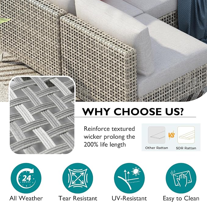 YOPTO 7-Piece Wicker Patio Furniture Set with Water Resistant Thick Cushions & Coffee Table,Outdoor Conversation Set Sectional Sofa W/Removable Cushions Cover,Free Combination,for Patio,Backyard,Gray
