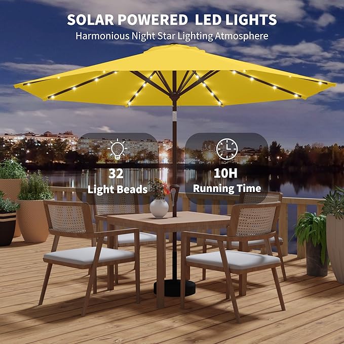 Kingdura 9FT Outdoor Patio Umbrella with Solar Lights, Market Table Umbrella with Push Button Tilt & Crank, 8 Sturdy Ribs, 32 LED Lights, UV Protection for Garden Lawn Deck Backyard Pool (Yellow)