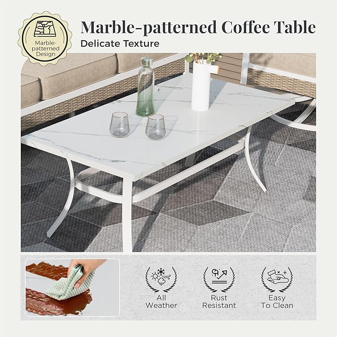 4 Piece Metal Patio Furniture Set, 5-Seat All Weather Outdoor Conversation Set with 3-Seat Sofa & 2 Fixed Chairs & 47'' Coffee Table, Outdoor Furniture Set for Backyard, Deck, Garden, White/Light Grey
