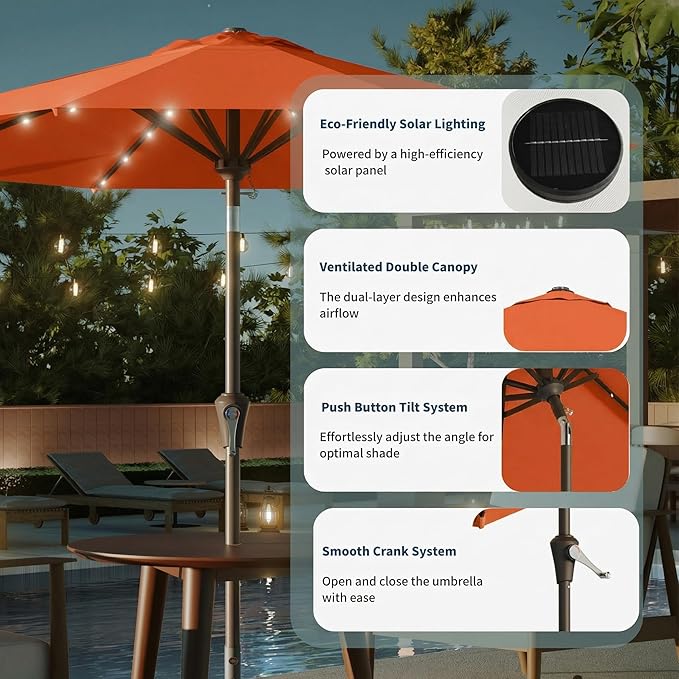 10FT Solar Umbrella 32 LED Lighted Patio Umbrella Table Market Umbrella w/Tilt and Crank, UV-Resistant Outdoor Umbrella for Pool, Garden, Deck, Terracotta