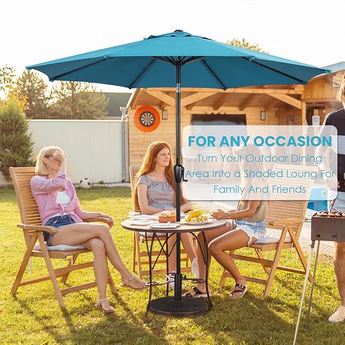 Sun-Ray 9' Round Patio Umbrella with Push-Button Tilt and Hand Crank Lift System, Market Umbrella for Porch, Deck, and Patio