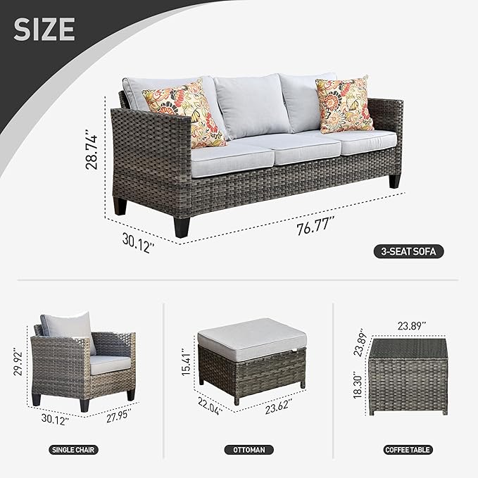 HOOOWOOO 6-Piece Patio Furniture Set–Stylish,Comfortable Outdoor Rattan Sofa Set with 2 Chairs,2 Ottoamns and Coffee Table,Weather-Resistant Patio Conversation Set for Deck,Garden,Balcony (Grey)