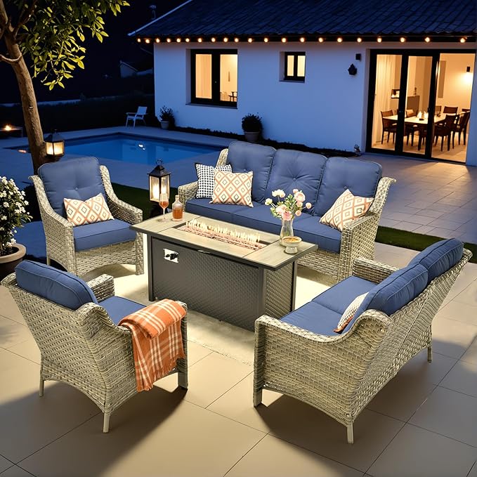 HOOOWOOO Patio Furniture Set,5 Pieces Wicker Outdoor Furniture,High Back Conversation Set with All Weather Resistant Fire Pit Table Couch Loveseat Chairs,Navy Blue