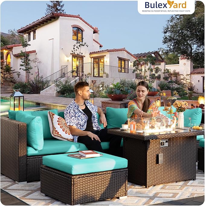 BULEXYARD 7 Pcs High Back Patio Furniture Set with Fire Pit Table Propane/Natural Gas Dual Fuel, Heavy Duty Outdoor Sectional Couch, XL Comfy Backyard Seating for Exterior, Brown Wicker & Teal Cushion
