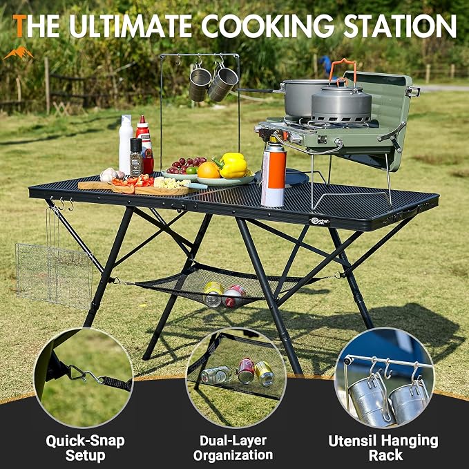 Portal Iron Mesh Folding Grill Table with 2 Adjustable Heights(15" & 29"), Heavy Duty Metal Camp Table, Heat-Resistant Tabletop for BBQ & Outdoor Cooking, One-Piece Folding Design, Dark Gray