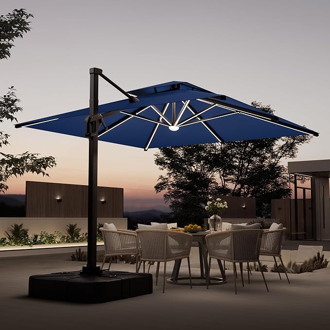 Deconk 10x10 FT Cantilever Patio Umbrella with Led Lights Double Top Outdoor Square Heavy Duty Offset Umbrellas 360°Rotation Free-motion Track Tilt Windproof for Pool Deck Garden, Navy