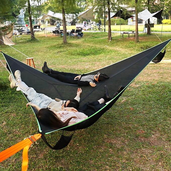 Triangle Hammock, 13ft Camping Hammock with 3 Ratchet Tie Down Straps and Storage Bag, 3 Point Hammocks Portable Max 800 Lbs for 2-3 Adult Kid, Multi Person Tree Hammock for Outside Travel