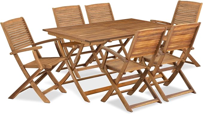East West Furniture AEHD7CANA 7 Piece Outdoor Patio Dining Sets Consist of a Rectangle Acacia Wood Table and 6 Folding Arm Chairs, 36x60 Inch, Natural Oil