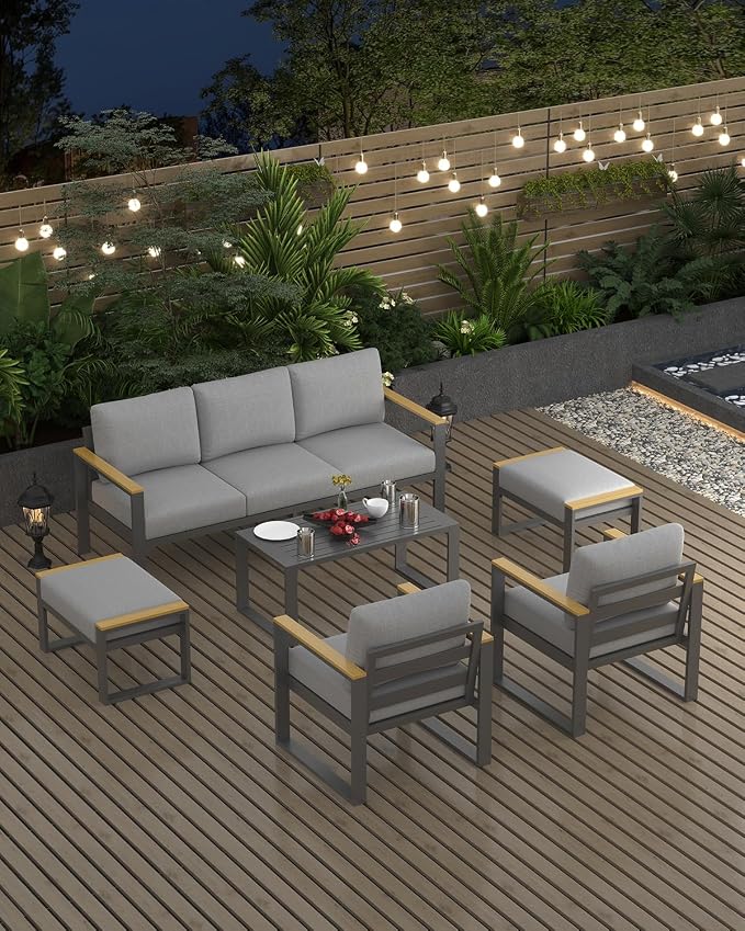 Garvee Aluminum Outdoor Patio Furniture Set with Coffee Table | 5 Piece Patio Conversation Sets with Washable Thick Cushions, Outdoor Sectional Furniture Set for Porch, Balcony, Deck, Yard,