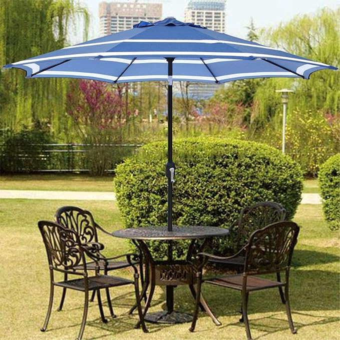 ABBLE Outdoor Patio Umbrella 9Ft Stripe Royal with Crank and Tilt - Market, Picnic, Pool, Garden, Deck, Backyard and Beach - Blue & White