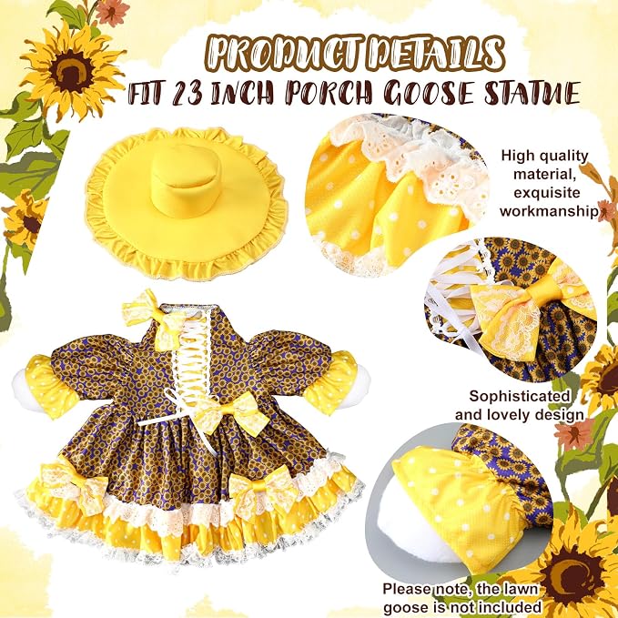 Soulchen 1 Set Summer Sunflower Porch Goose Outfit with Bow 23 Inch Cement Goose Clothes Dress and Hat Costume Set for Summer Christmas Garden Yard Decor