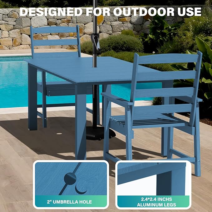 LOUNZY 9 Pieces Patio Dining Sets, 90'' Table Outdoor HDPE Furniture Set w/ 2" Hole Cut-Out Dining Table with 8 Patio Chairs for Lawn, Pool and Yard, Navy