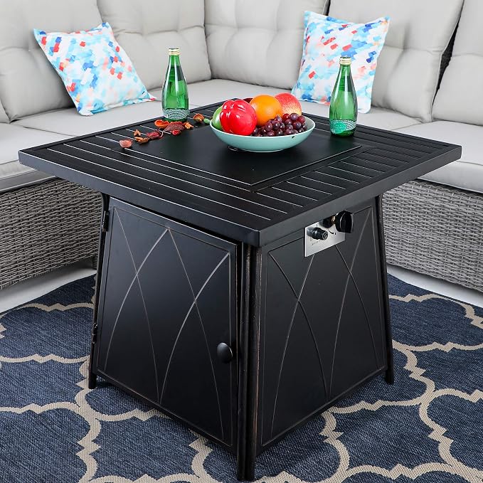Sophia & William 5 Pieces Patio Dining Set with Gas Fire Pit Table Outdoor Patio Furniture 28" Propane Fire Pit Table 50,000 BTU Auto-Ignition, 4 Patio Swivel Chairs for Lawn Garden Yard Black