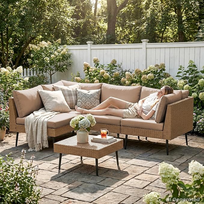 Vikiullf Outdoor Wicker Sectional Sofa Set, L-Shaped Patio Conversation Set with 4" Cushions, Boho Rattan Furniture for Backyard Poolside Deck (Khaki, 5 Pieces)