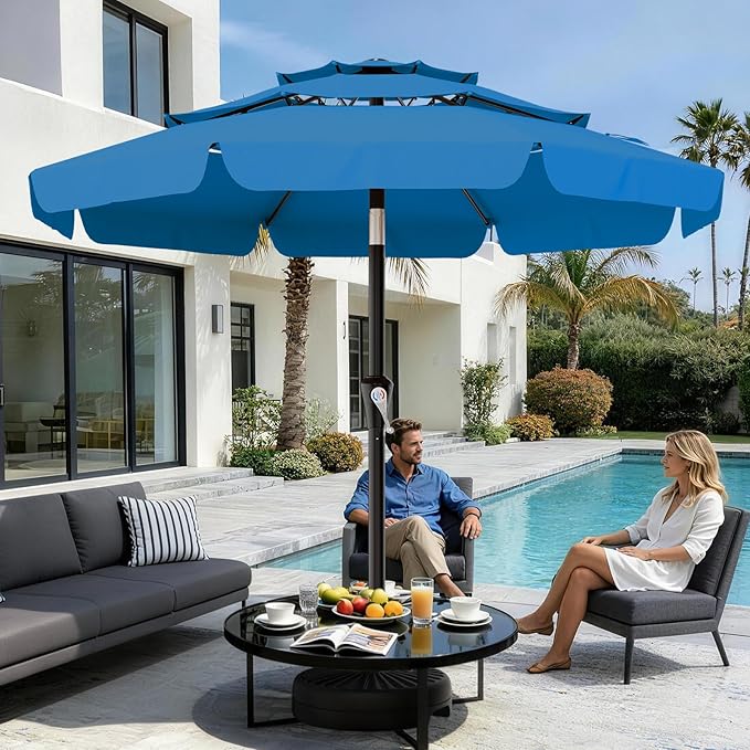 AreShark 9FT 3-Tiers Patio Umbrella with Valance, Outdoor Umbrellas with Crank/Tilt, Table Market Umbrella Vented w/ 8 Sturdy Ribs for Garden, Deck, Backyard, and Pool, Royal Blue