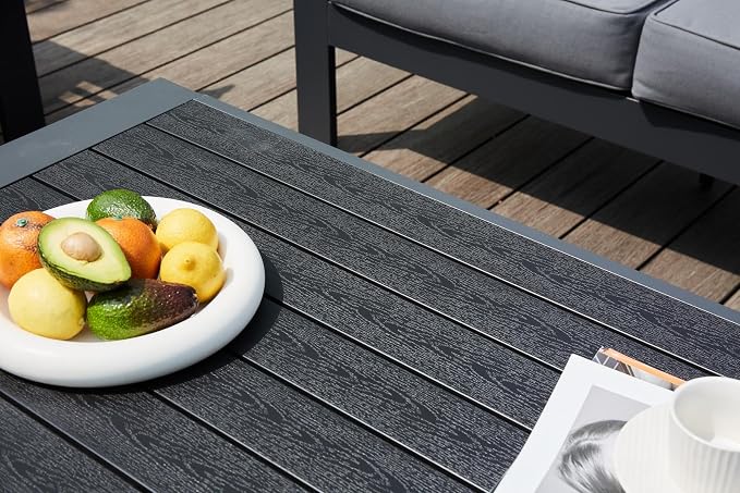 Amopatio Outdoor Coffee Table, Aluminum Modern Patio Coffee Tables with Imitation Wood Top for Balcony Garden Backyard, Dark Grey