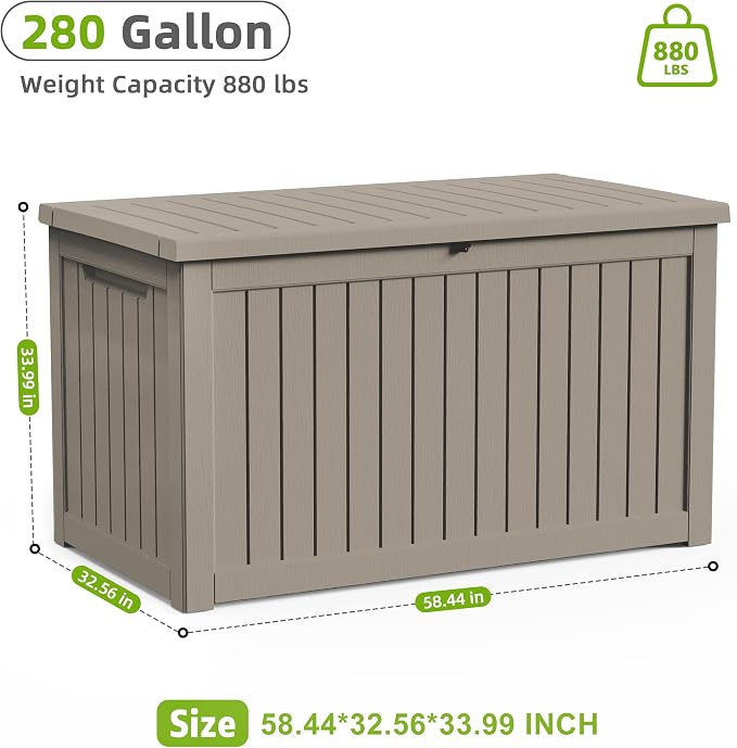 DRATO 280 Gallon Deck Boxes Outdoor Waterproof, Resin Large Lockable Storage Box with Lid, Outdoor Storage Bench Patio Cushions Furniture, Garden Tools, Pool Accessories (Grey, 280 Gallon)