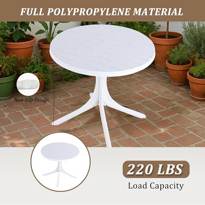 Modern White Round 36-Inch Polypropylene Dining Table for Indoor and Outdoor Use
